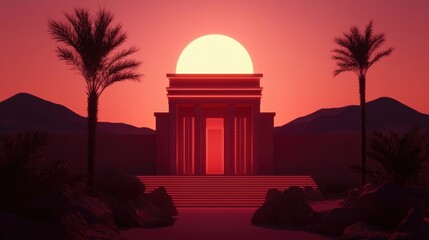 Obraz premium Desert Temple at Sunset with Palm Trees