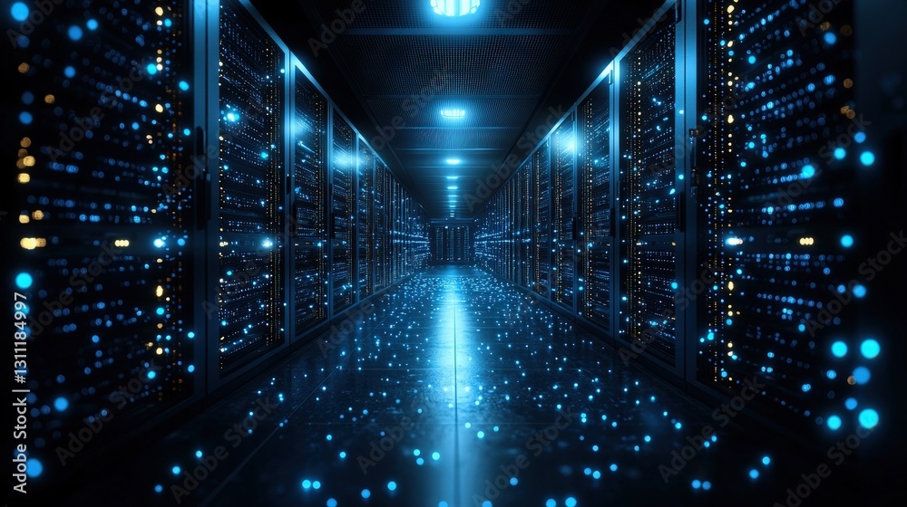 Poster extensive server room featuring rows of servers built for data management and high-volume processing