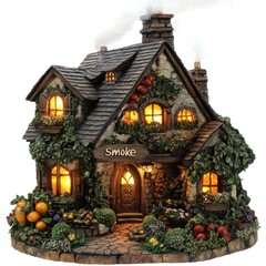 Illuminated miniature cottage with smoke, vines, and garden.