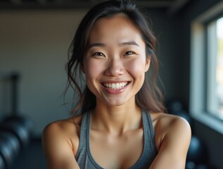 Smiling Female Trainer Close-Up in Gym