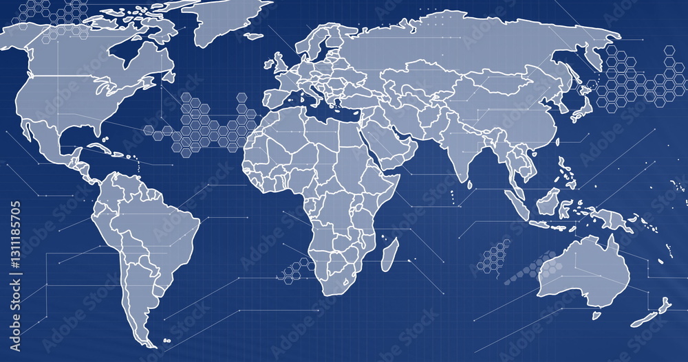 Poster world map with hexagonal patterns, global network connections image