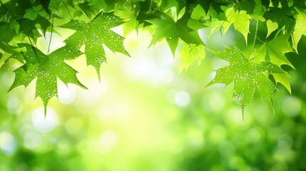 Fototapeta premium Fresh maple leaves, dew drops, vibrant green forest background