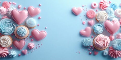 Colorful Assortment of Heart-Shaped and Swirled Pastries on a Light Blue Background for Celebrating Love and Sweet Events