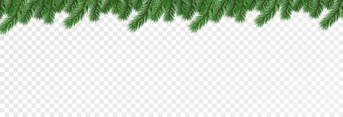 Garland of spruce branches. Christmas holiday decorations, realistic live fir tree effect with decorations for poster banners, png vector. © Александр Боярин