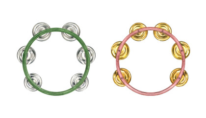 Obraz premium Two tambourine clip art watercolor illustration isolated background. Percussion instrument with golden and silver metal plates. Top view. Traditional musical elements for festival design, shop decor.