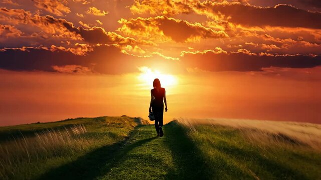 Silhouette of Person Walking on Path at Sunset with Dramatic Sky