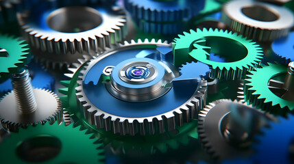 3D Render Abstract Gears Background Blue Green Metal Precision Design