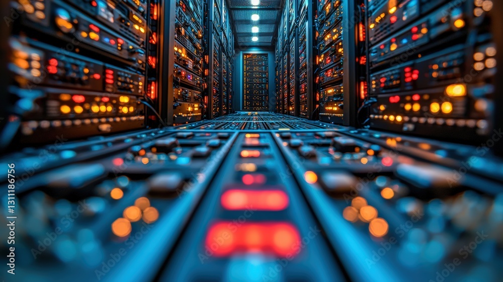 Poster comprehensive server room filled with many servers showcasing advanced data processing capabilities