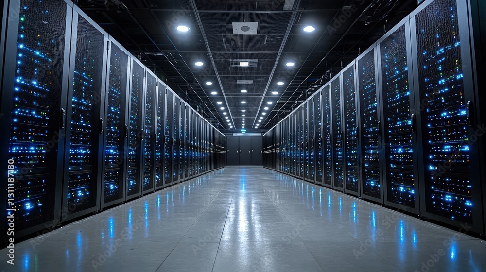 Poster advanced server room featuring multiple racks of servers and cooling systems for data management