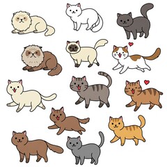 Obraz premium Collection of Adorable Cats: A delightful collection of various cartoon cat breeds, each with unique colors and expressions. This illustration depicts playful, friendly cats.