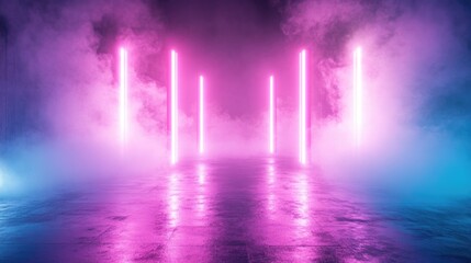 Fototapeta premium Glowing neon lights and fog create an atmospheric scene