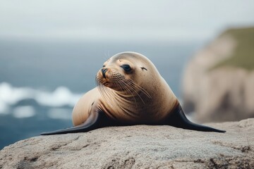 Fototapeta premium Seal basking on rocky shore, showcasing smooth fur and serene ex
