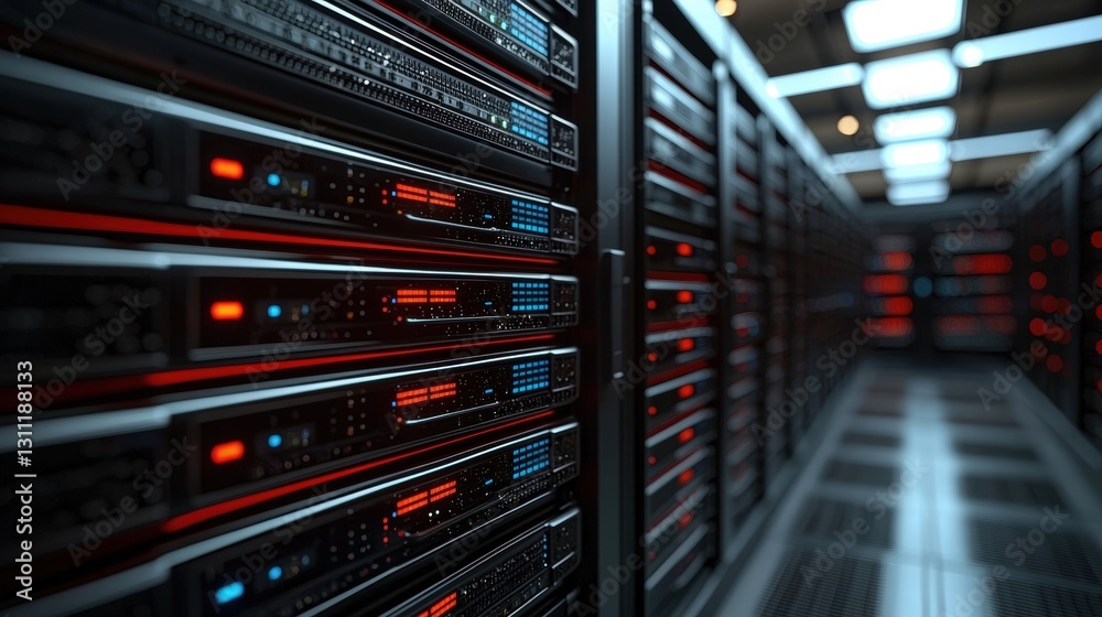 Poster a server room with many servers organized in rows and connected with cables for optimal performance