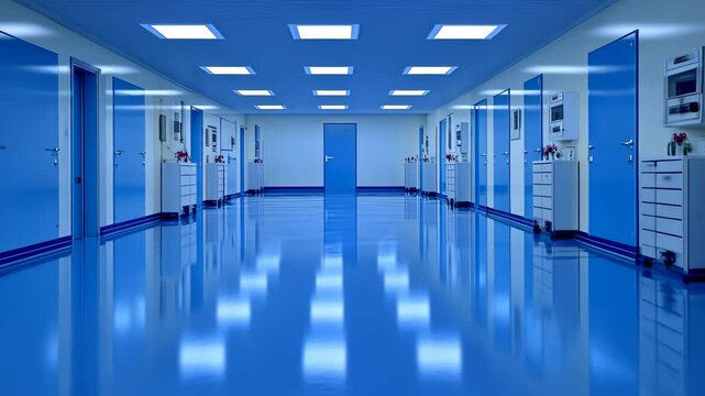 Sterile Hospital Corridor: A Deep Blue Reflection