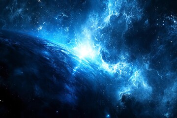 Obraz premium Blue glowing light beam on a black background with an earth shadow. Abstract blue gradient space background with a copy text area for design, banner, wallpaper, or poster. Stock photo, dark atmosphere