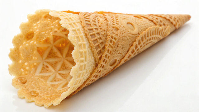Thin, cone shaped waffle with intricate patterns, perfect for desserts
