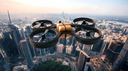 Drone Package Delivery over Cityscape Aerial View