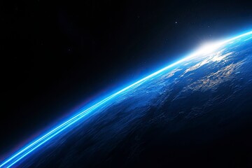 Blue glowing light beam on a black background with an earth shadow. Abstract blue gradient space background with a copy text area for design, banner, wallpaper, or poster. Stock photo, dark atmosphere