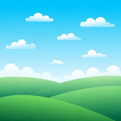 Obraz premium Green Hills and Cloudscape: A vibrant cartoon illustration of a bright blue sky filled with fluffy clouds, rolling green hills in the foreground, evoking feelings of peace.