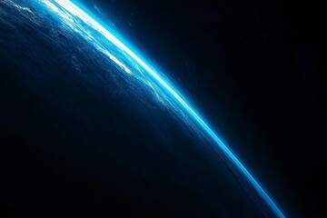 Blue glowing light beam on a black background with an earth shadow. Abstract blue gradient space background with a copy text area for design, banner, wallpaper, or poster. Stock photo, dark atmosphere