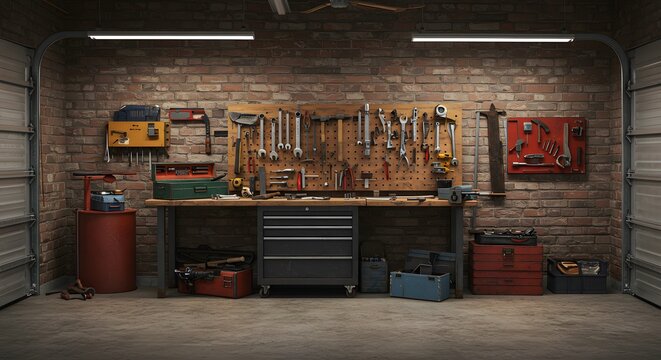 AI Generated - Workshop garage scene. Old tools hanging on wall in workshop.