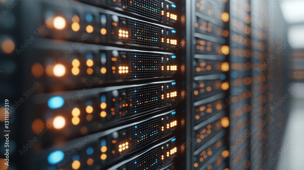 Poster server rack filled with multiple high-tech servers for enhanced data storage and processing capabili