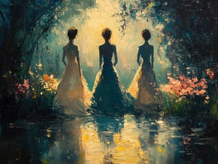 A group of three women taking a leisurely walk in a beautiful garden