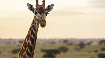 Obraz premium Giraffe standing tall against golden horizon in savannah