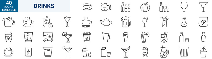 Drinks web icons in line style. Coffee, tea, soda, beer, alcohol, coctail, energy, wine, collection. Vector illustration