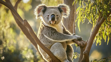 Obraz premium koala perched on sunlit tree branch in serene forest setting