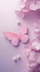 This image presents a delicate pink butterfly amidst soft, petal - strewn lavender tones, accented with pearls.