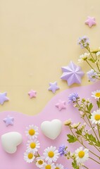 Pastel - toned pic with stars, hearts and flowers. Ideal for wallpapers, social media, greeting cards.  