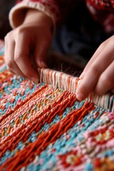 Hands Weaving Colorful Textile with Detailed Patterns