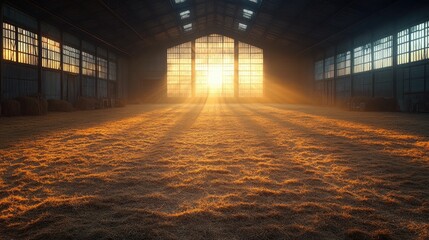 A bright sunbeam illuminates the windows of a rustic barn