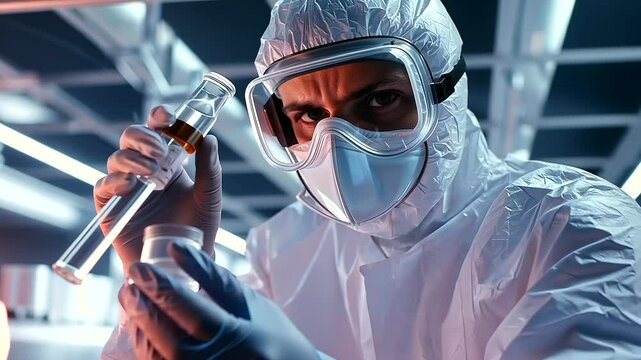 Scientist in a lab swirling a test tube of gas under neon lights