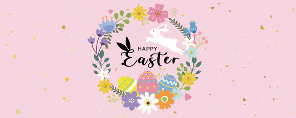 Floral Happy Easter Oval Frame With Bunny and Eggs. Banner, poster, greeting card. 