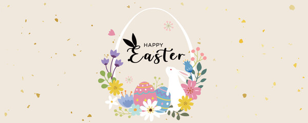 Floral Happy Easter Oval Frame With Bunny and Eggs. Banner, poster, greeting card. 
