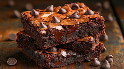 Tall stack of soft and chewy brownies perfectly layered for an irresistible chocolate delight