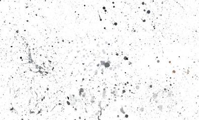 Monochrome ink splatter texture with scattered spots and scratches on white. Ideal for backgrounds and design.