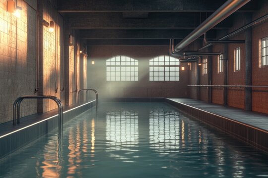 A modern indoor swimming pool surrounded by amenities and facilities