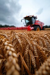 Red harvester gathers wheat in golden field under cloudy sky