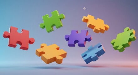 Naklejka premium Colorful Puzzle Pieces Floating Against a Soft Gradient Background