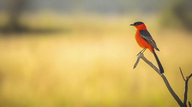 vibrant scarlet minivet perched on branch in serene landscape