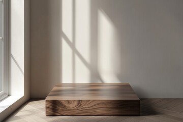 Fototapeta premium Abstract background with an empty wooden table top, a perspective view, and a wooden floor with a dark brown color and a white wall. A mock-up template for a product display presentation design concep