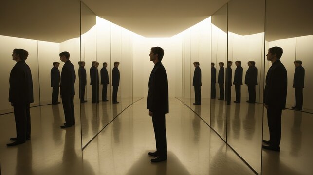In a mirror room, people talk to their own reflections, each reflection repeating the same idea, while the different voices outside the room are invisible.  - Powered by Adobe