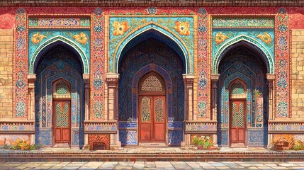 Obraz premium Ornate Mughal-style arches, vibrant facade, courtyard scene, sunny day