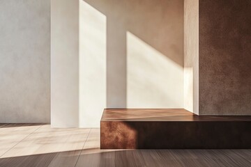 Fototapeta premium Abstract background with an empty wooden table top, a perspective view, and a wooden floor with a dark brown color and a white wall. A mock-up template for a product display presentation design concep