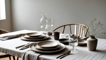 Table setting with plates, glass and ceramic tableware on white tablecloth. Beige tones and neutral colors for dining in minimalist decor.