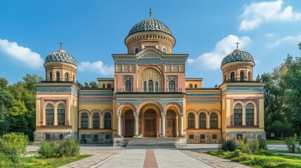 Ornate eastern orthodox church with colorful domes in sunlit park setting
