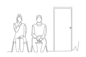 Two sick patients queue at the clinic. Waiting in the clinic waiting room concept one-line drawing